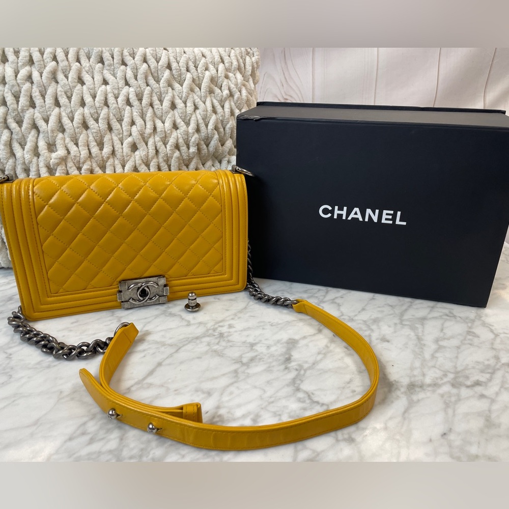 CHANEL Quilted Boy Crossbody Bag in Mustard